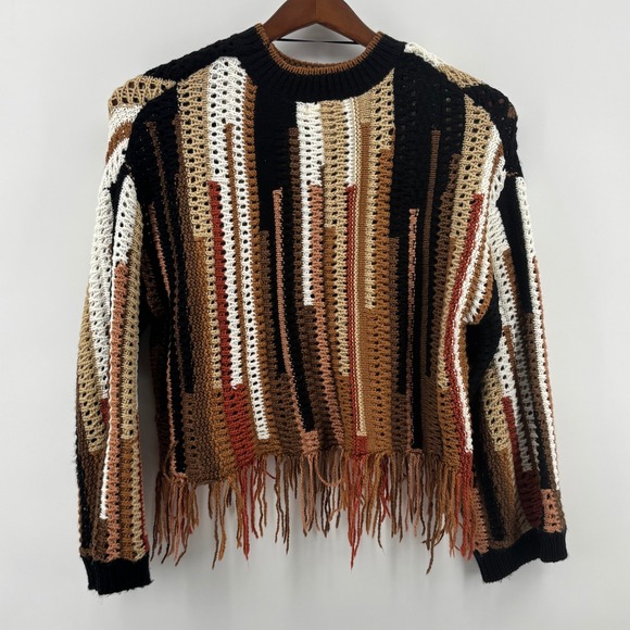 Gilded Intent Sweaters - Gilded Intent Womens Crochet Fringe Sweater Multi Color Stripe PT17420-BU Medium